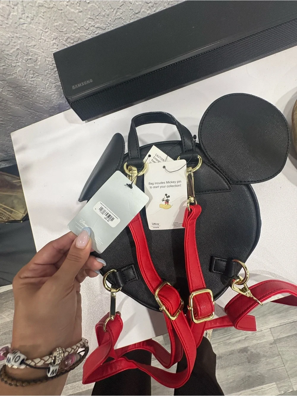 Loungefly Black Round Mickey-Ear Crossbody with Red Straps